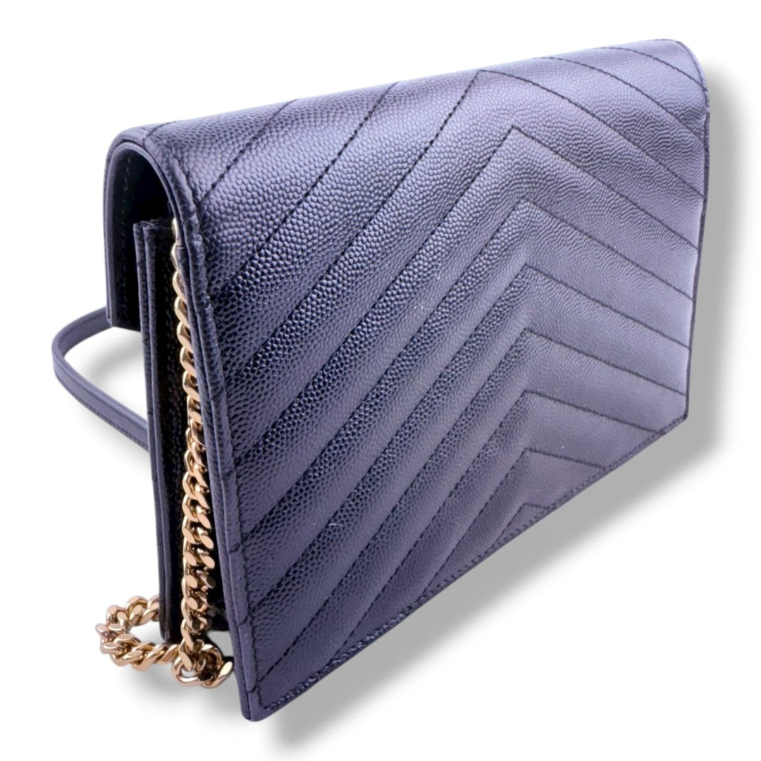 Saint Laurent YSL Black Grained Envelope Leather Wallet On Chain Handbag - Lux Central
