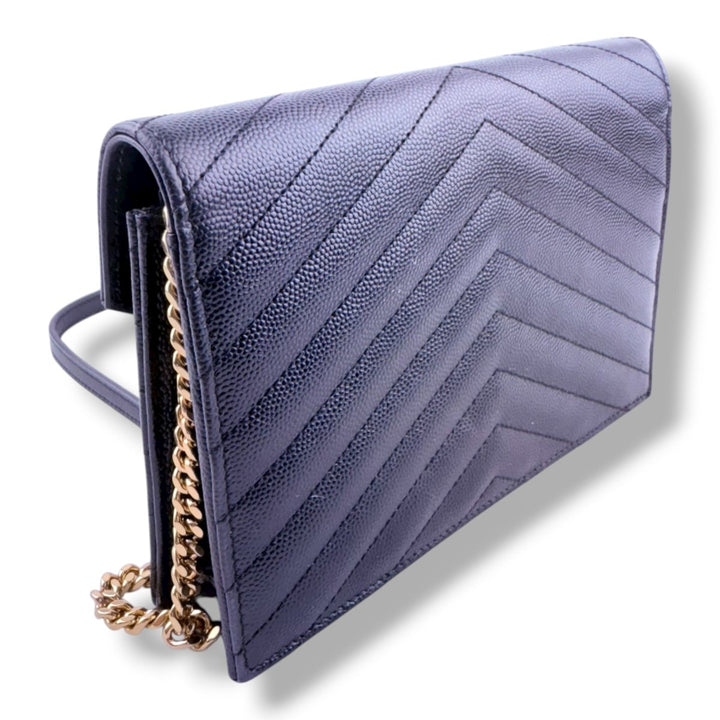 Saint Laurent YSL Black Grained Envelope Leather Wallet On Chain Handbag - Lux Central