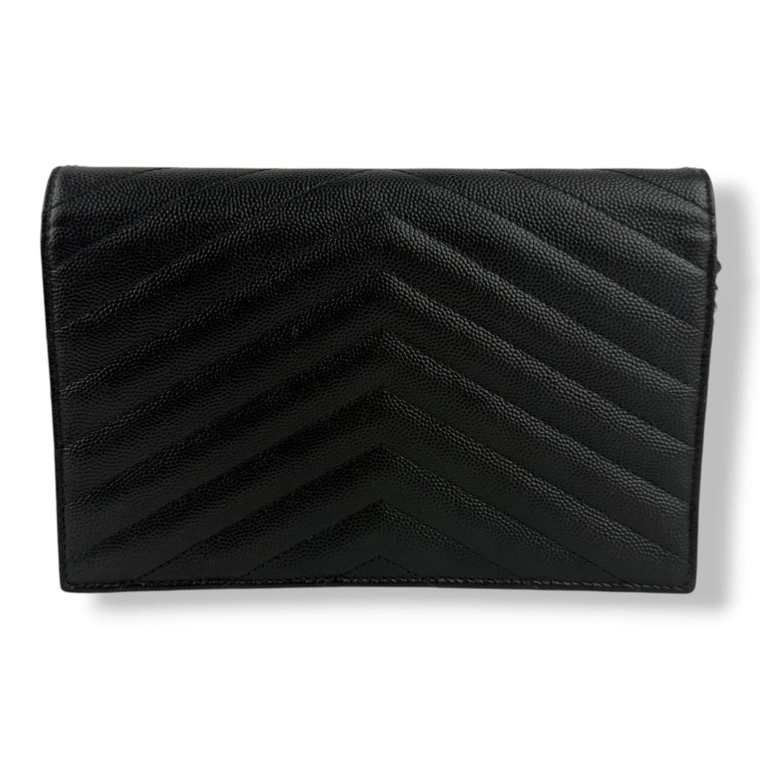 Saint Laurent YSL Black Grained Envelope Leather Wallet On Chain Handbag - Lux Central