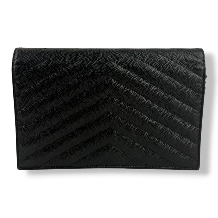 Saint Laurent YSL Black Grained Envelope Leather Wallet On Chain Handbag - Lux Central