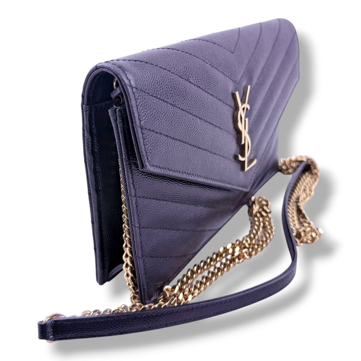Saint Laurent YSL Black Grained Envelope Leather Wallet On Chain Handbag - Lux Central