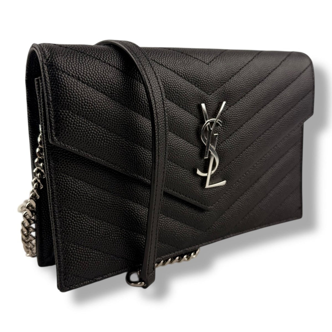 Saint Laurent YSL Black Grained Envelope Leather Wallet On Chain Handbag - Lux Central