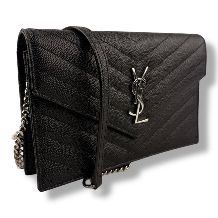 Saint Laurent YSL Black Grained Envelope Leather Wallet On Chain Handbag - Lux Central