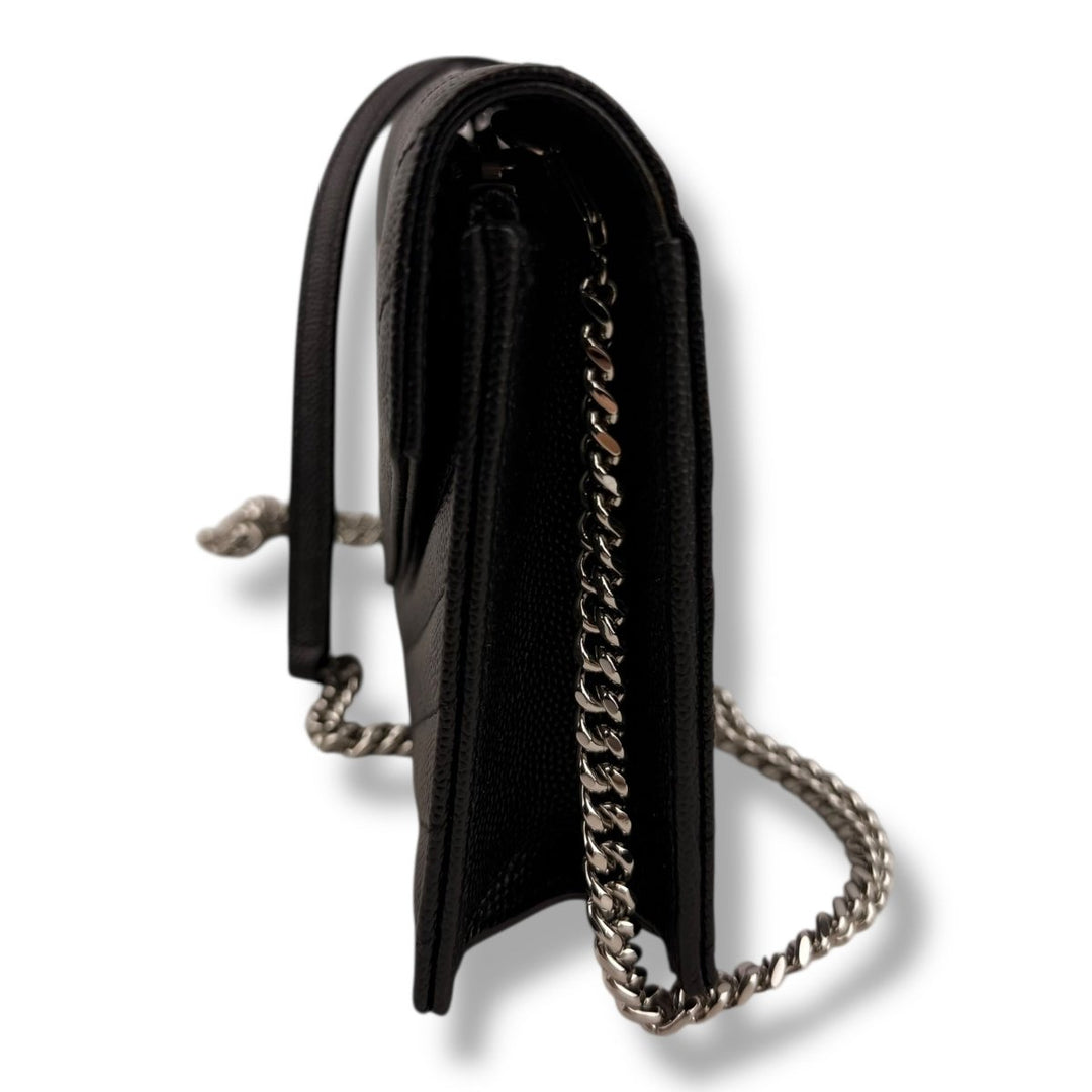 Saint Laurent YSL Black Grained Envelope Leather Wallet On Chain Handbag - Lux Central