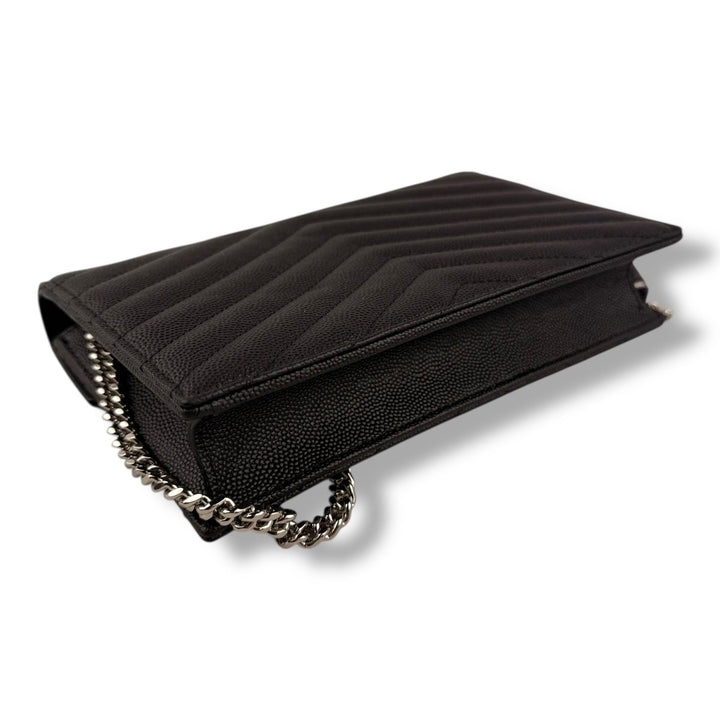Saint Laurent YSL Black Grained Envelope Leather Wallet On Chain Handbag - Lux Central