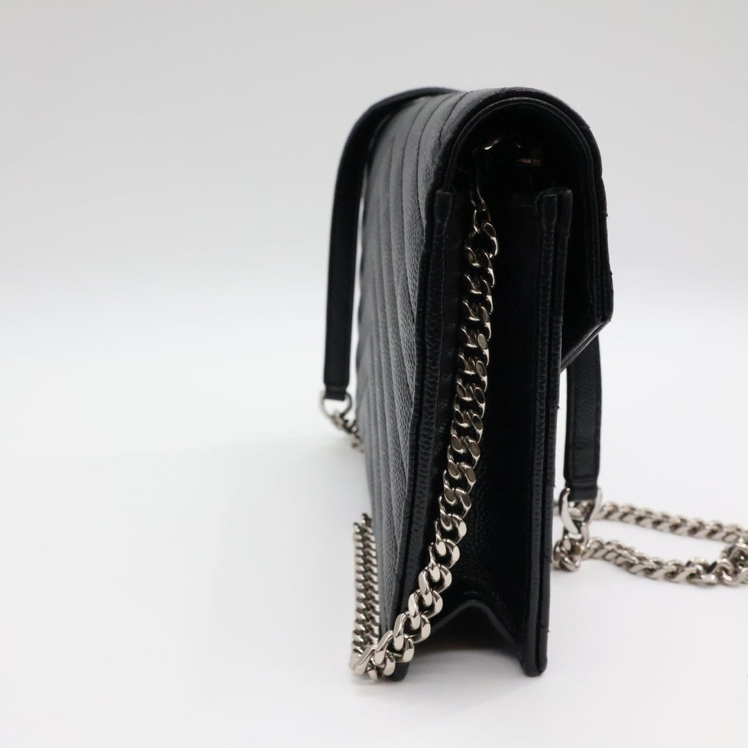 Saint Laurent YSL Black Grained Envelope Leather Wallet On Chain Handbag - Lux Central