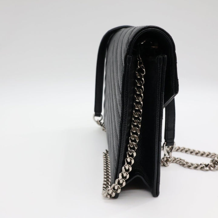 Saint Laurent YSL Black Grained Envelope Leather Wallet On Chain Handbag - Lux Central
