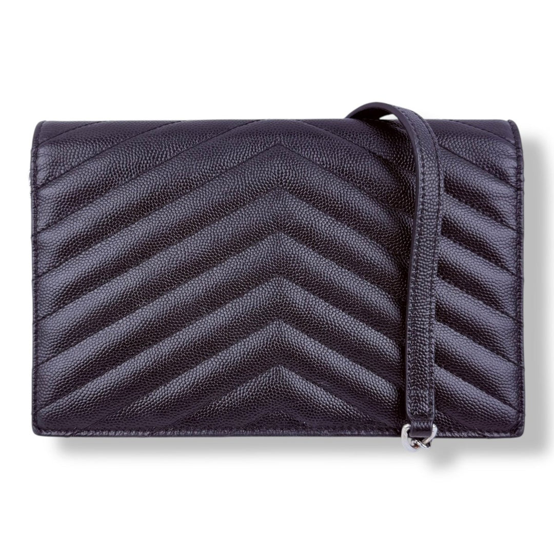 Saint Laurent YSL Black Grained Envelope Leather Wallet On Chain Handbag - Lux Central
