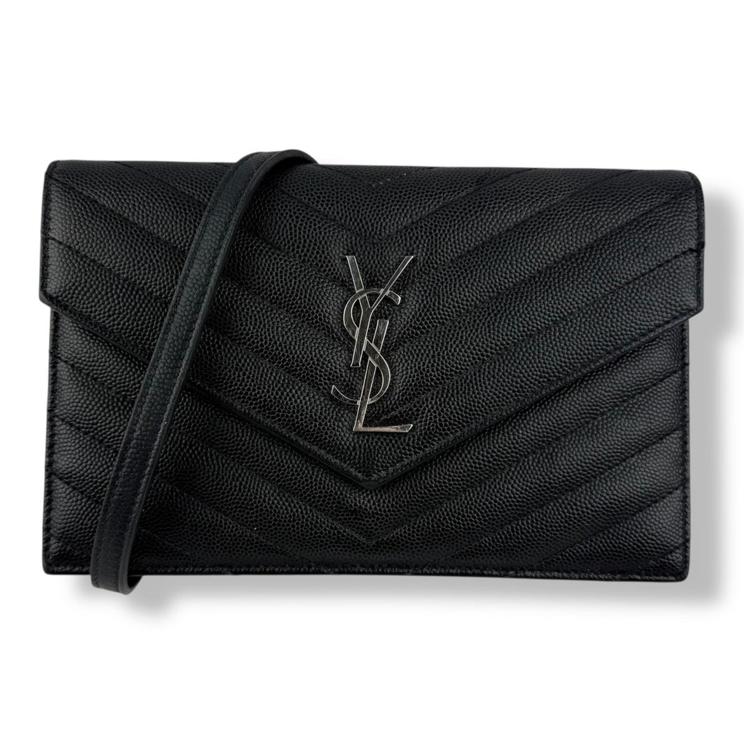 Saint Laurent YSL Black Grained Envelope Leather Wallet On Chain Handbag - Lux Central