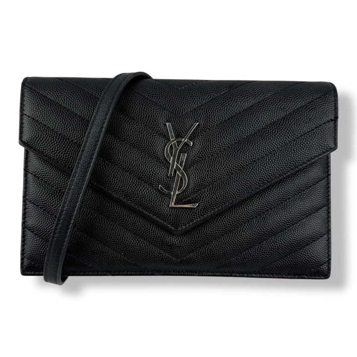 Saint Laurent YSL Black Grained Envelope Leather Wallet On Chain Handbag - Lux Central