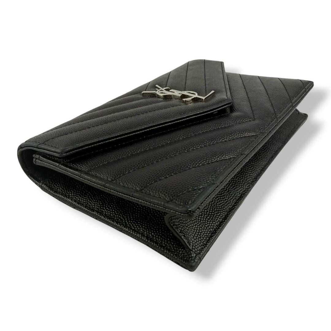 Saint Laurent YSL Black Grained Envelope Leather Wallet On Chain Handbag - Lux Central