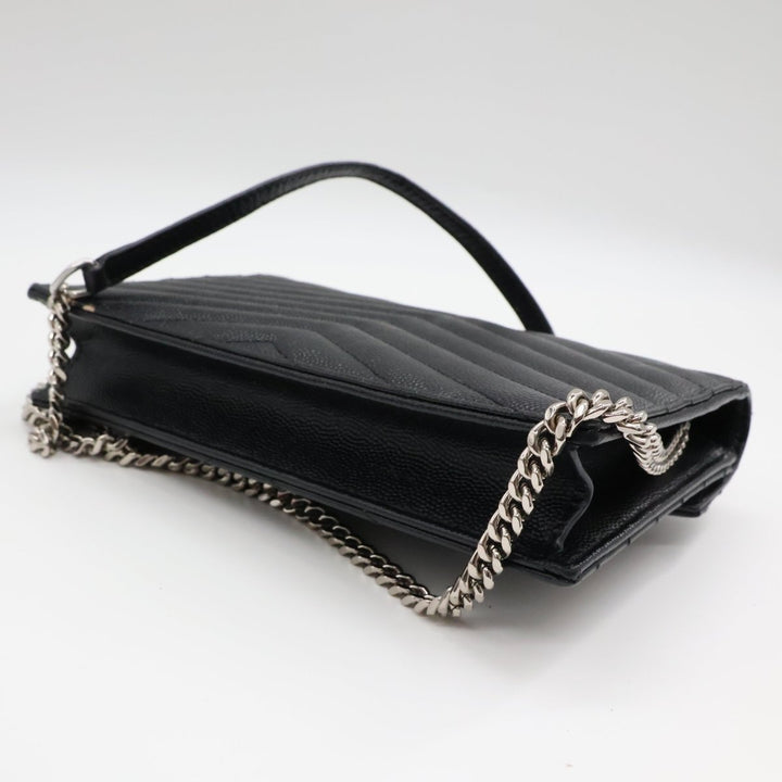 Saint Laurent YSL Black Grained Envelope Leather Wallet On Chain Handbag - Lux Central