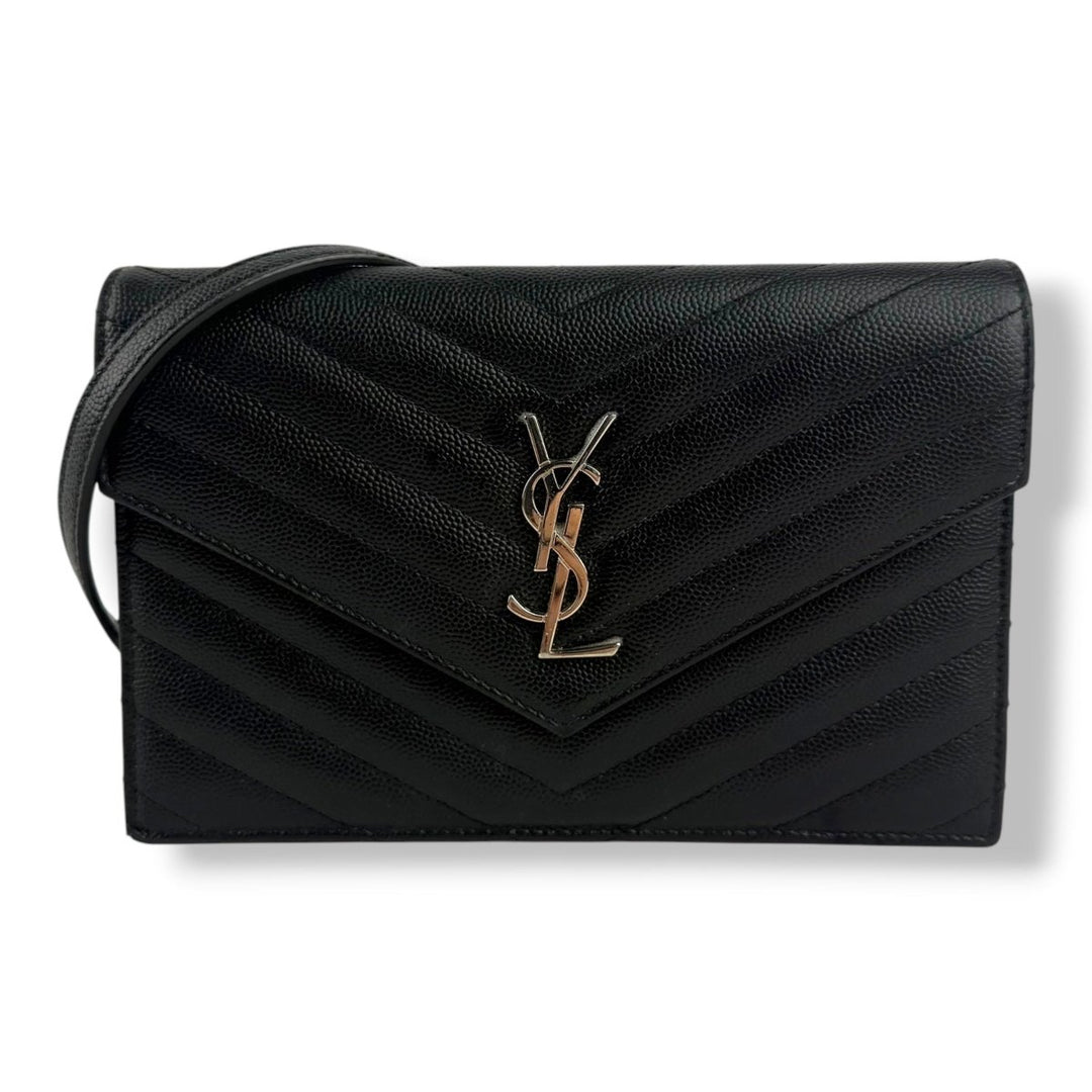 Saint Laurent YSL Black Grained Envelope Leather Wallet On Chain Handbag - Lux Central