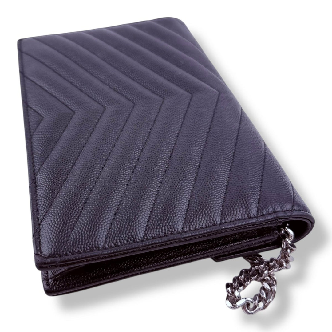 Saint Laurent YSL Black Grained Envelope Leather Wallet On Chain Handbag - Lux Central