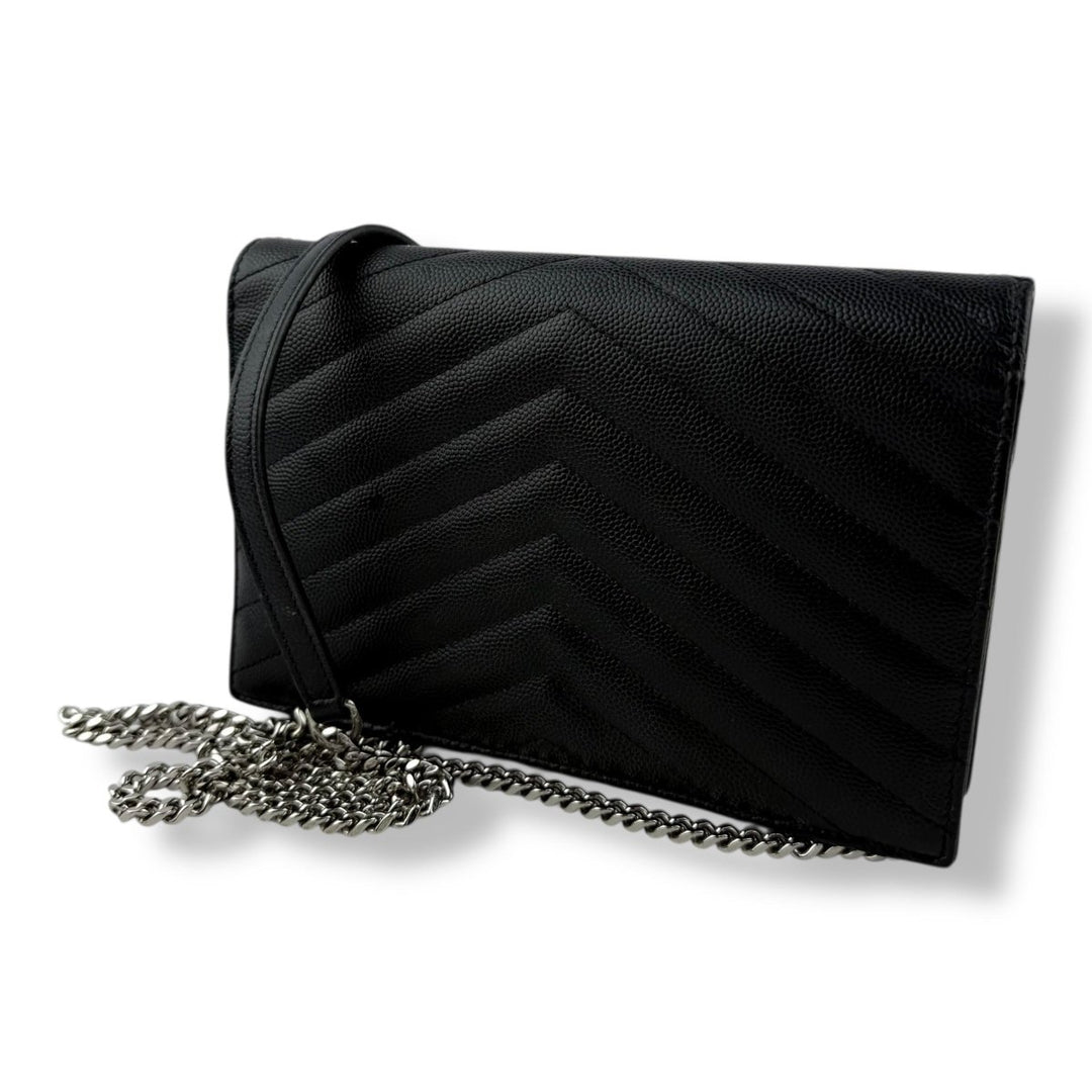 Saint Laurent YSL Black Grained Envelope Leather Wallet On Chain Handbag - Lux Central