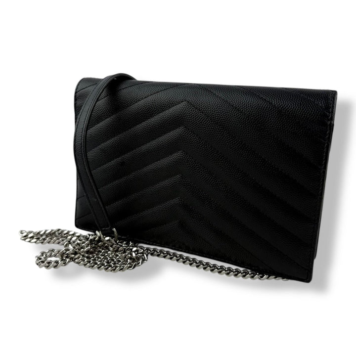 Saint Laurent YSL Black Grained Envelope Leather Wallet On Chain Handbag - Lux Central