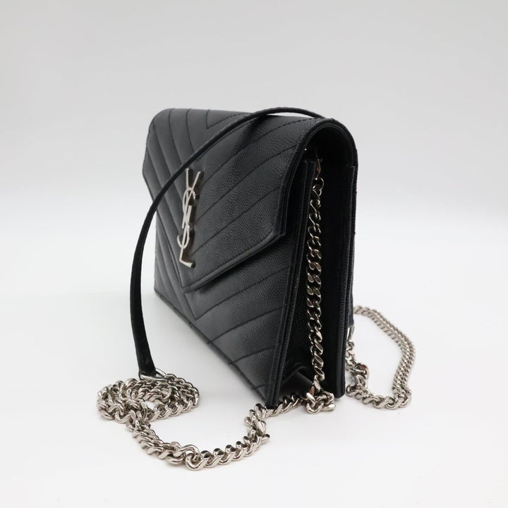 Saint Laurent YSL Black Grained Envelope Leather Wallet On Chain Handbag - Lux Central