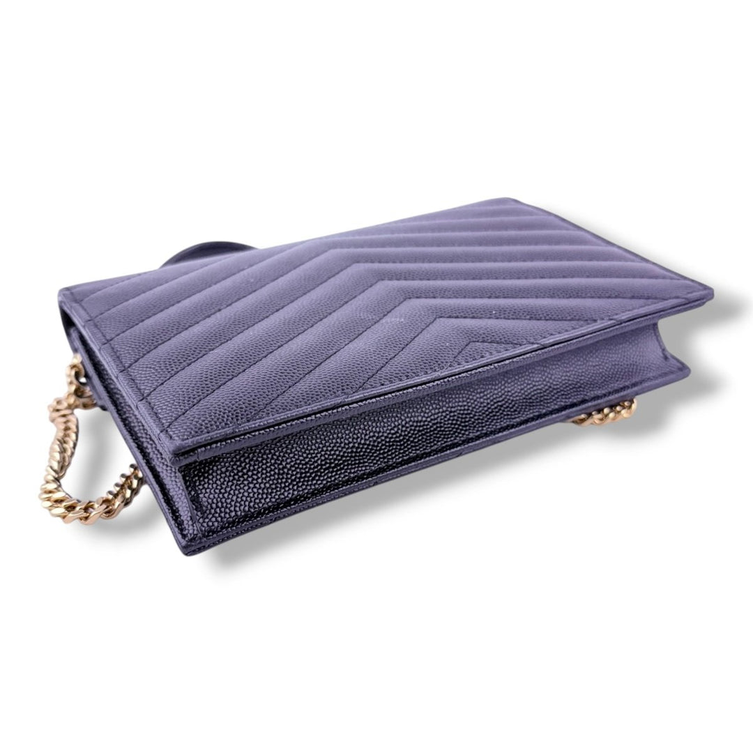 Saint Laurent YSL Black Grained Envelope Leather Wallet On Chain Handbag - Lux Central