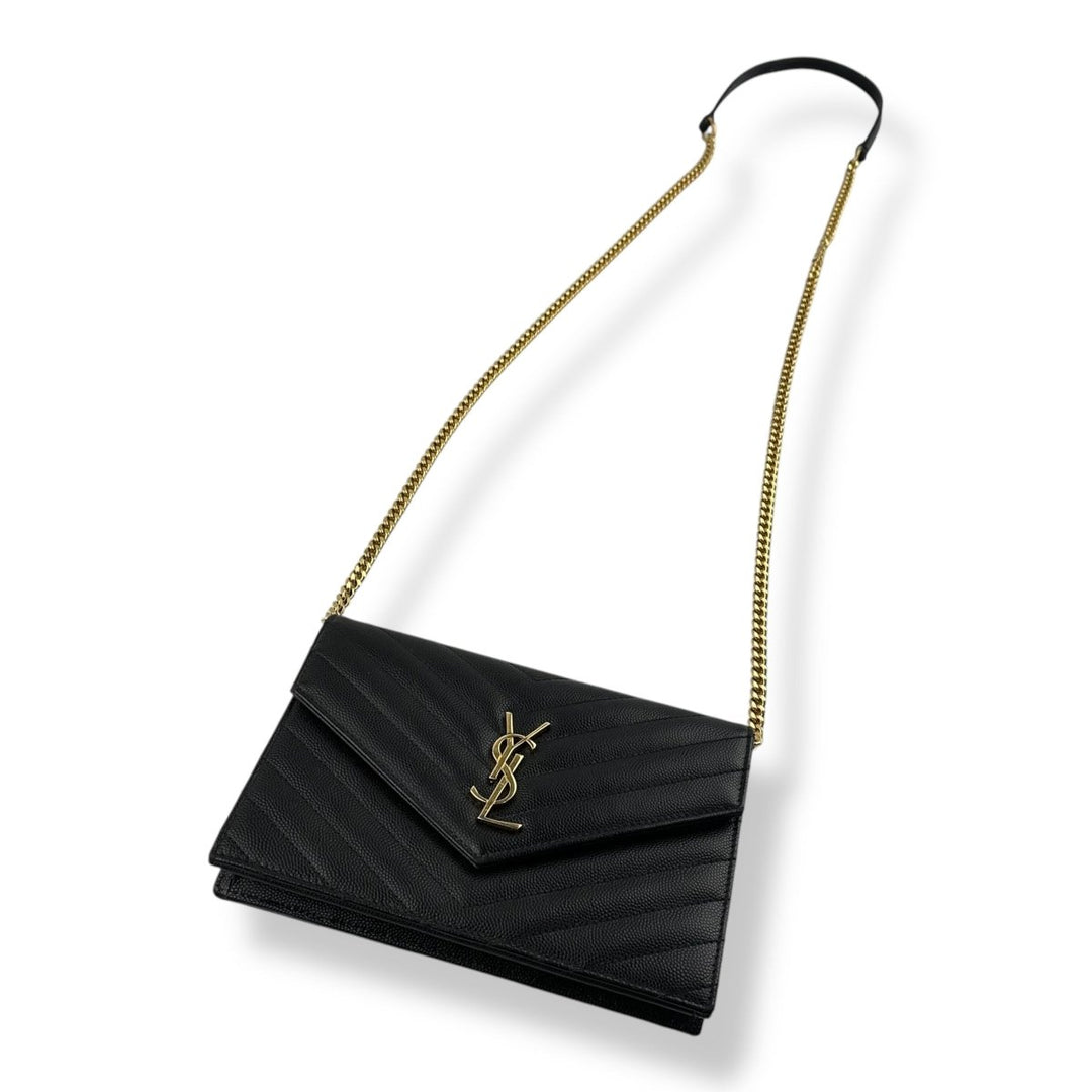 Saint Laurent YSL Black Grained Envelope Leather Wallet On Chain Handbag - Lux Central