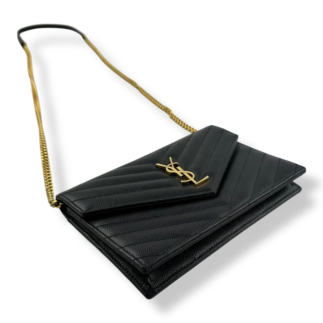 Saint Laurent YSL Black Grained Envelope Leather Wallet On Chain Handbag - Lux Central