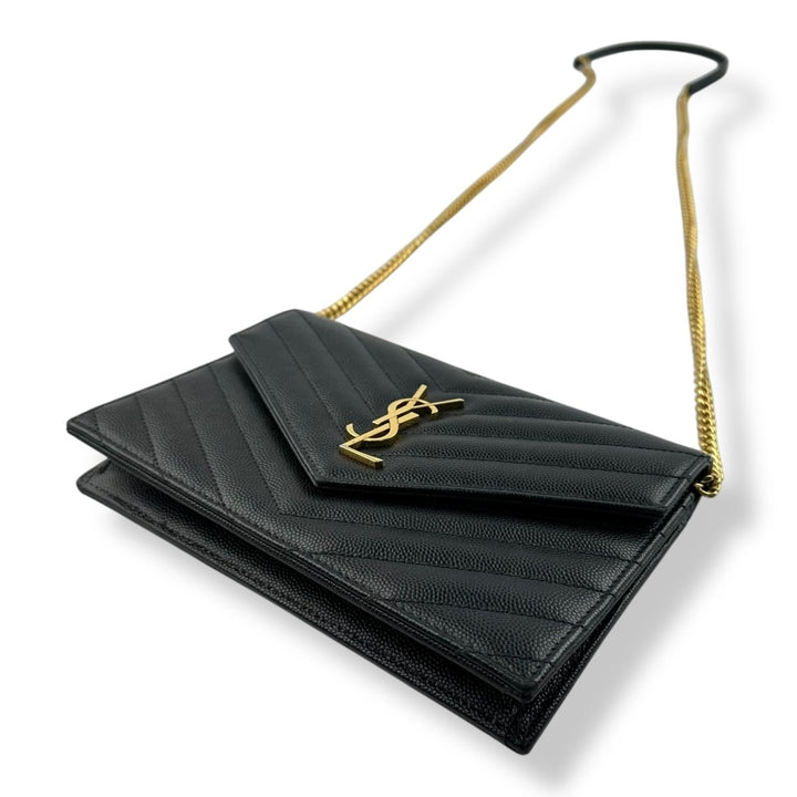 Saint Laurent YSL Black Grained Envelope Leather Wallet On Chain Handbag - Lux Central