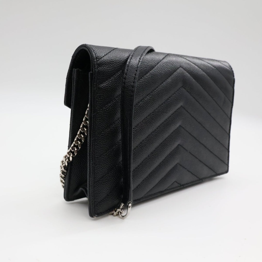 Saint Laurent YSL Black Grained Envelope Leather Wallet On Chain Handbag - Lux Central