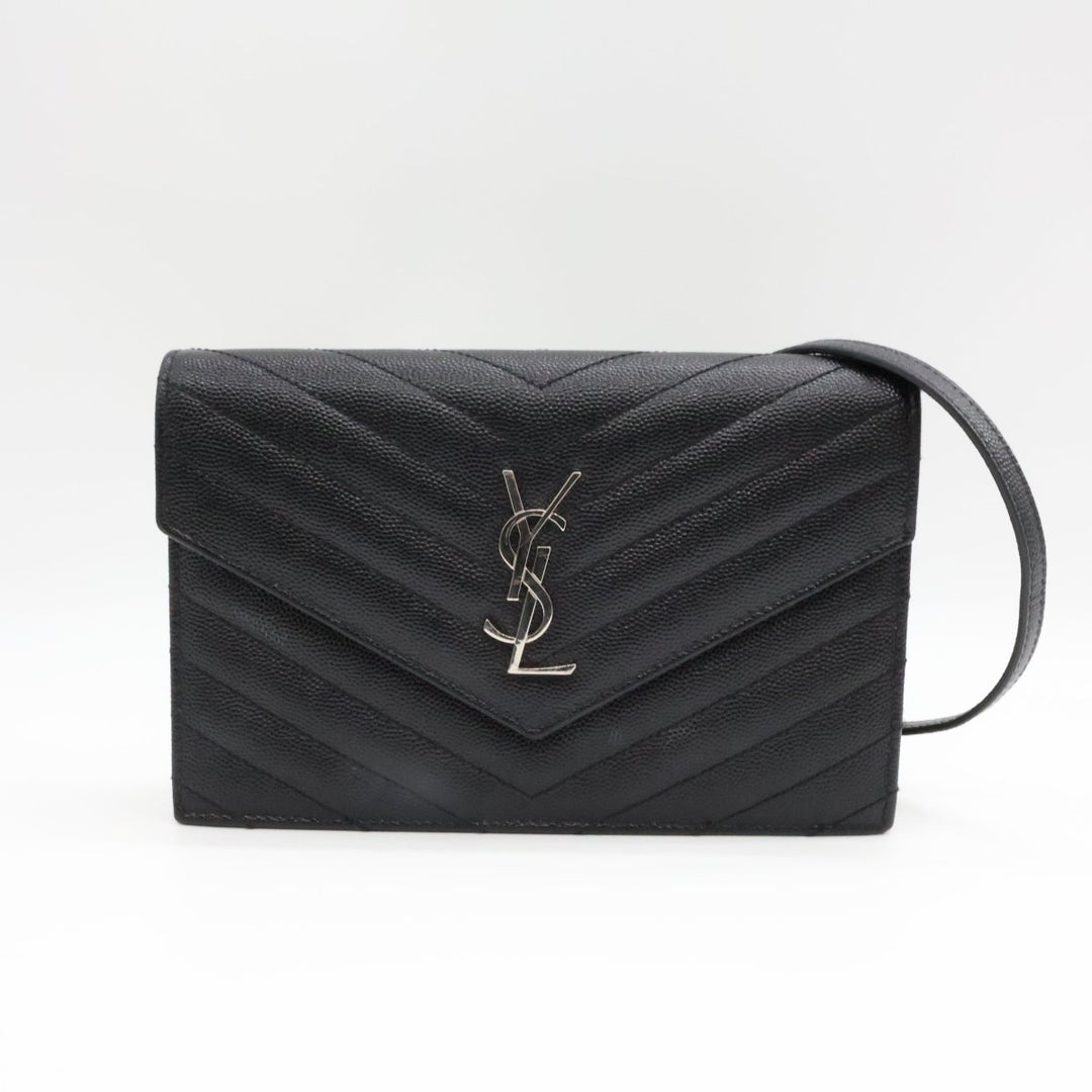 Saint Laurent YSL Black Grained Envelope Leather Wallet On Chain Handbag - Lux Central