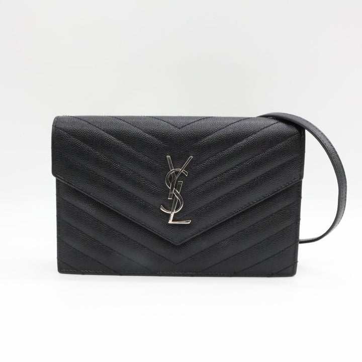 Saint Laurent YSL Black Grained Envelope Leather Wallet On Chain Handbag - Lux Central