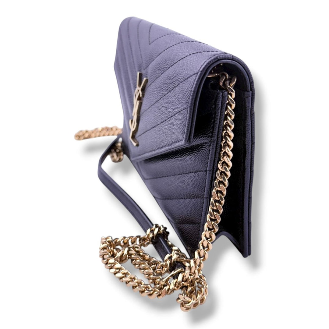 Saint Laurent YSL Black Grained Envelope Leather Wallet On Chain Handbag - Lux Central