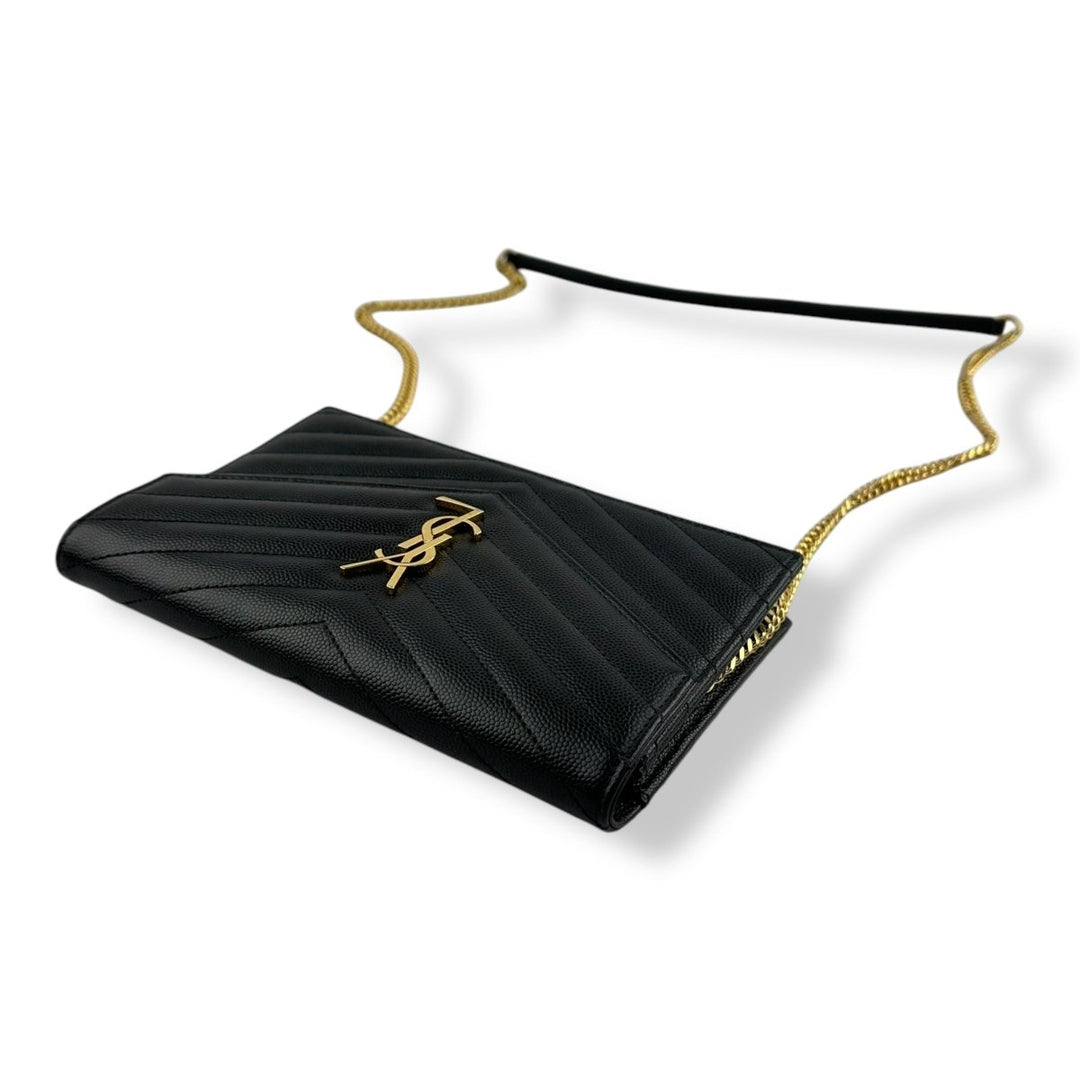 Saint Laurent YSL Black Grained Envelope Leather Wallet On Chain Handbag - Lux Central