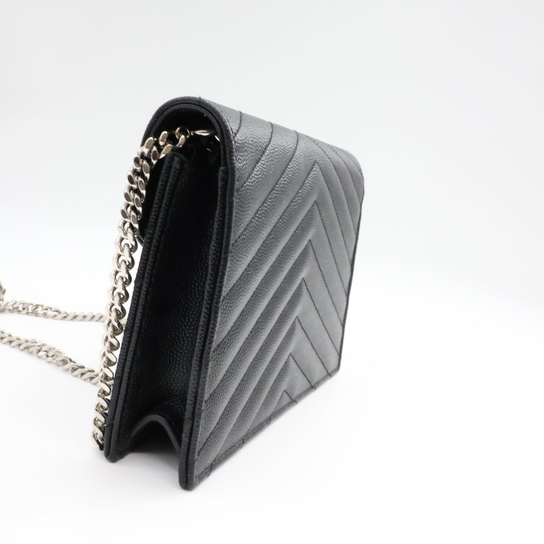 Saint Laurent YSL Black Grained Envelope Leather Wallet On Chain Handbag - Lux Central