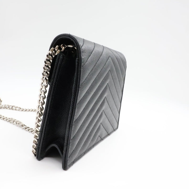 Saint Laurent YSL Black Grained Envelope Leather Wallet On Chain Handbag - Lux Central