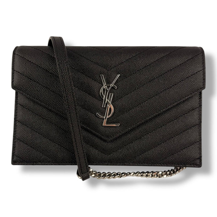Saint Laurent YSL Black Grained Envelope Leather Wallet On Chain Handbag - Lux Central