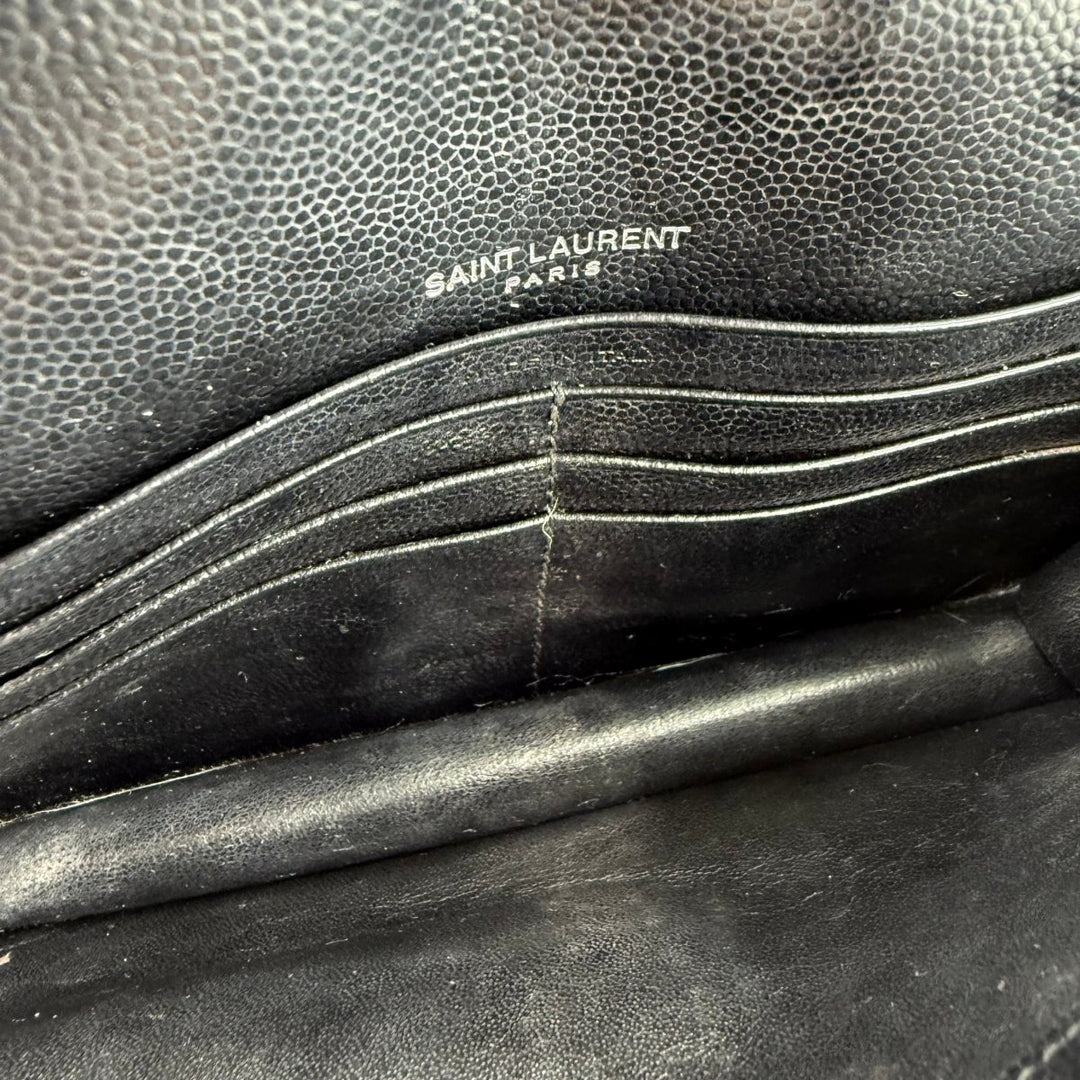 Saint Laurent YSL Black Grained Envelope Leather Wallet On Chain Handbag - Lux Central