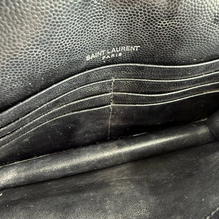 Saint Laurent YSL Black Grained Envelope Leather Wallet On Chain Handbag - Lux Central