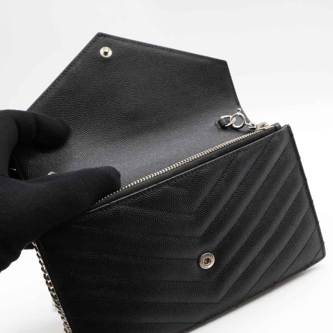 Saint Laurent YSL Black Grained Envelope Leather Wallet On Chain Handbag - Lux Central