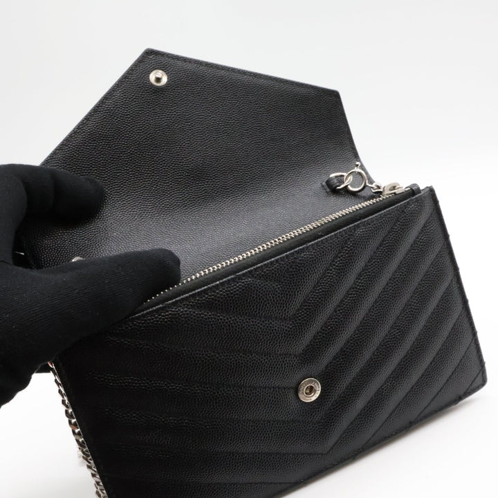 Saint Laurent YSL Black Grained Envelope Leather Wallet On Chain Handbag - Lux Central