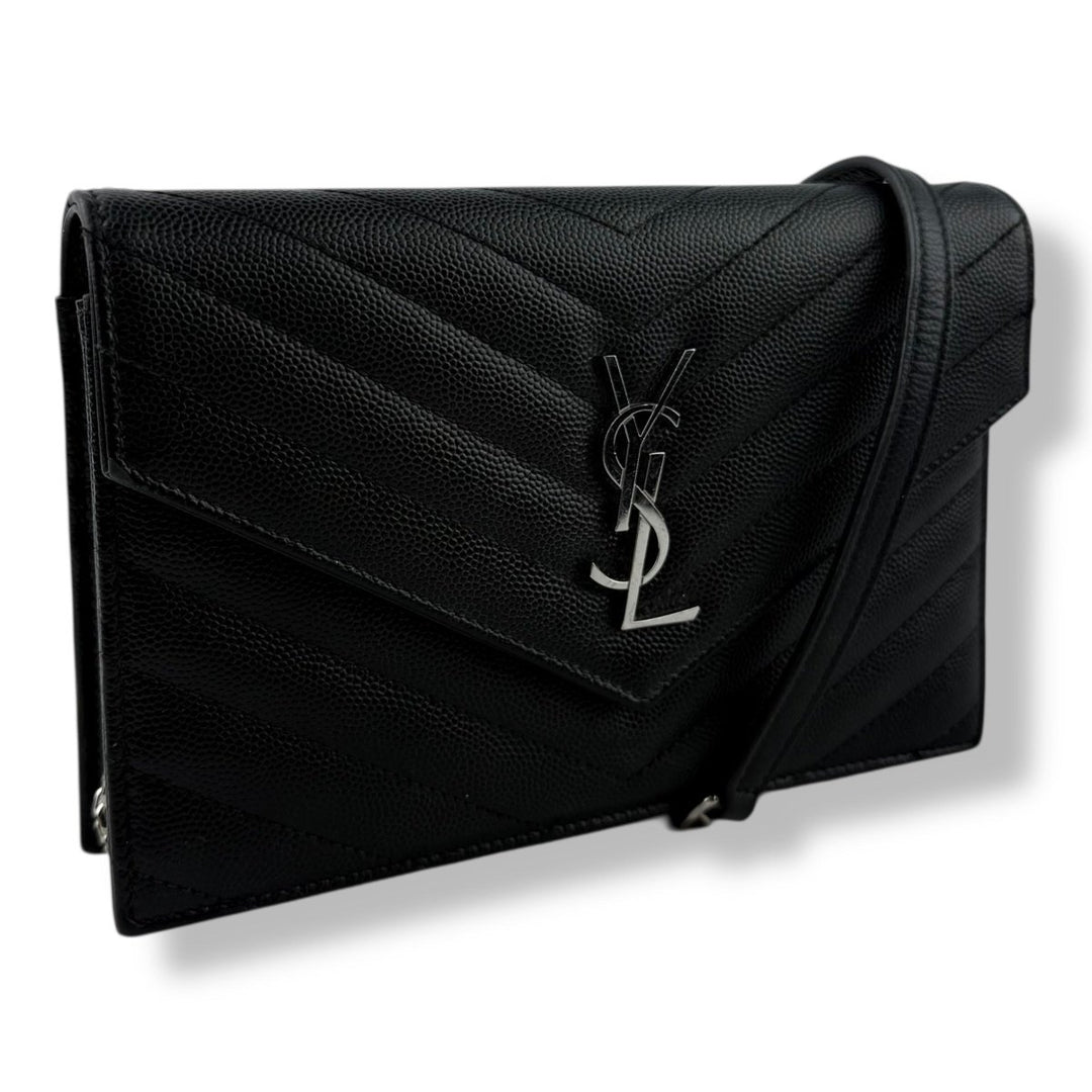 Saint Laurent YSL Black Grained Envelope Leather Wallet On Chain Handbag - Lux Central