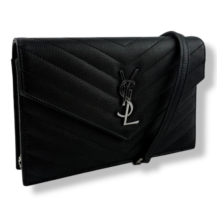 Saint Laurent YSL Black Grained Envelope Leather Wallet On Chain Handbag - Lux Central