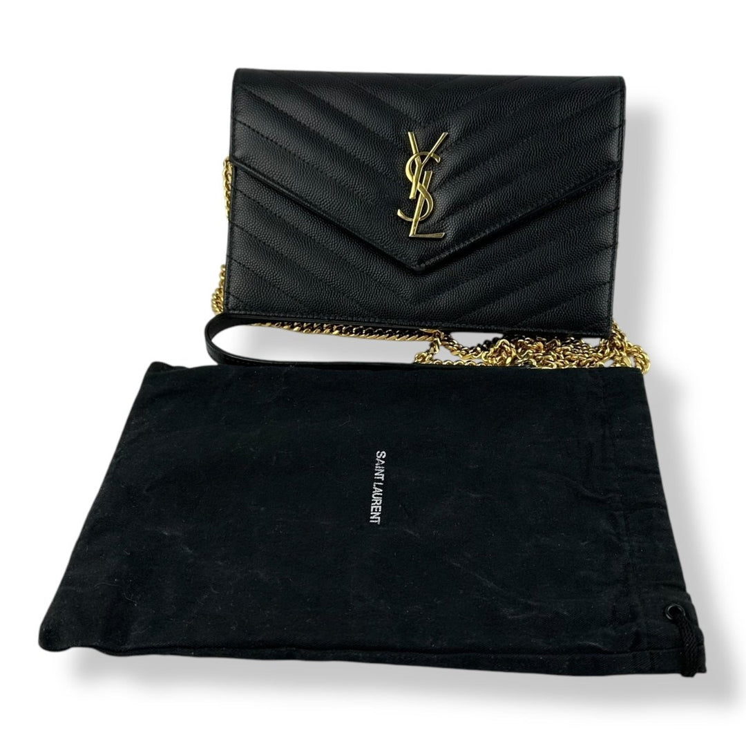 Saint Laurent YSL Black Grained Envelope Leather Wallet On Chain Handbag - Lux Central