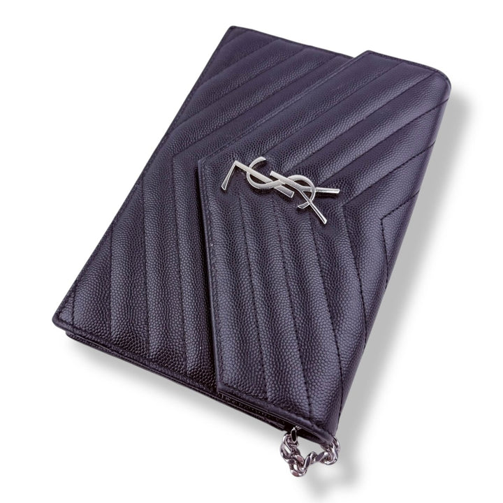 Saint Laurent YSL Black Grained Envelope Leather Wallet On Chain Handbag - Lux Central