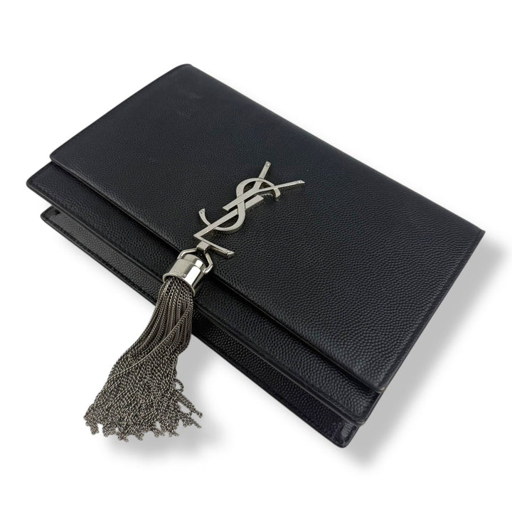 Saint Laurent YSL Black Grained Leather Kate Tassel Wallet On Chain Handbag - Lux Central