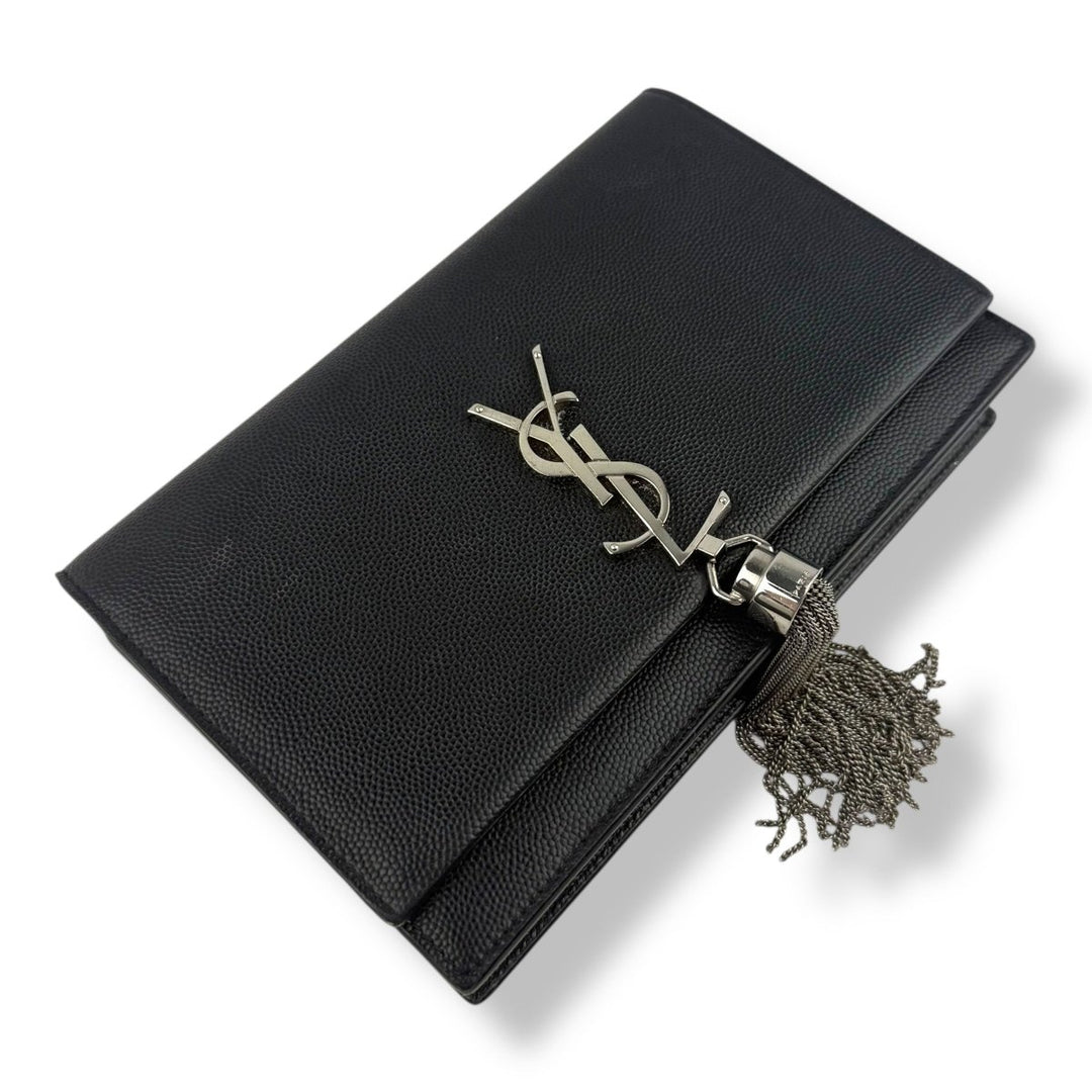 Saint Laurent YSL Black Grained Leather Kate Tassel Wallet On Chain Handbag - Lux Central
