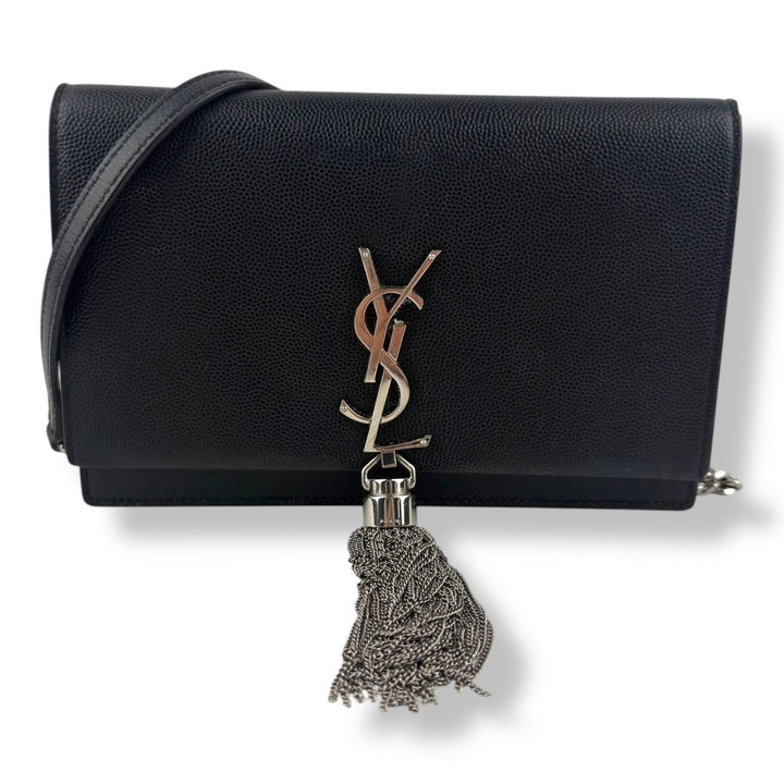 Saint Laurent YSL Black Grained Leather Kate Tassel Wallet On Chain Handbag - Lux Central