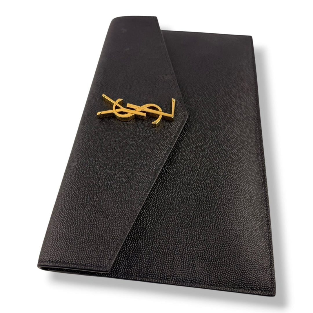 Saint Laurent YSL Croc Uptown Black/Gold Leather Clutch Bag - Lux Central