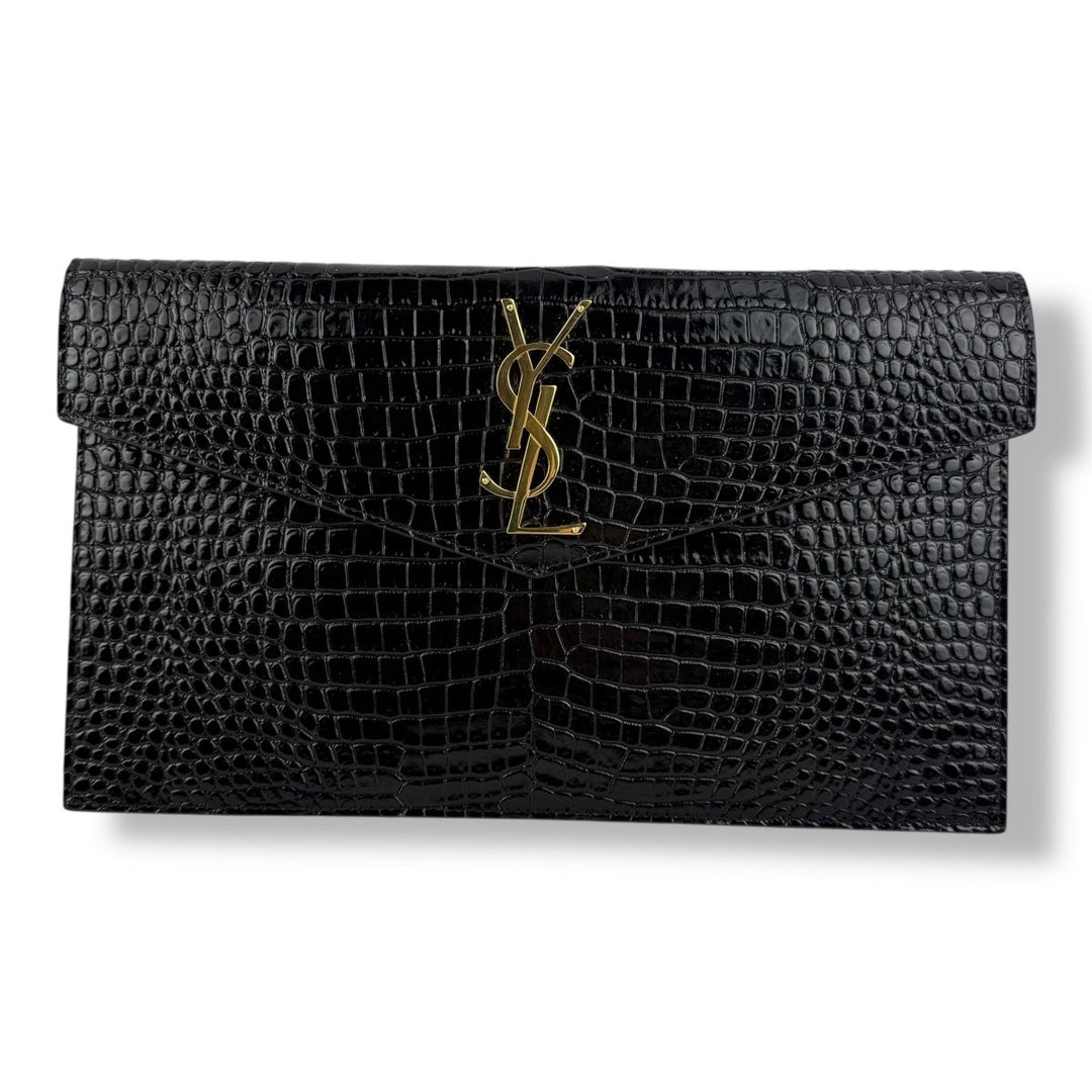 Saint Laurent YSL Croc Uptown Black/Gold Leather Clutch Bag - Lux Central