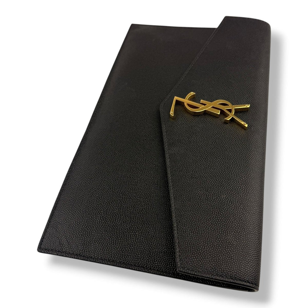 Saint Laurent YSL Croc Uptown Black/Gold Leather Clutch Bag - Lux Central