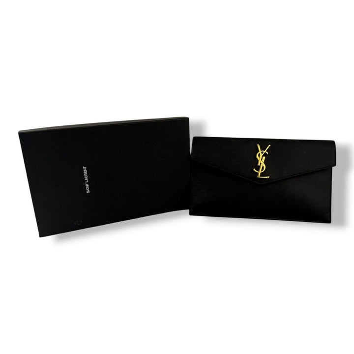 Saint Laurent YSL Croc Uptown Black/Gold Leather Clutch Bag - Lux Central