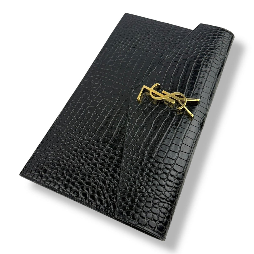 Saint Laurent YSL Croc Uptown Black/Gold Leather Clutch Bag - Lux Central