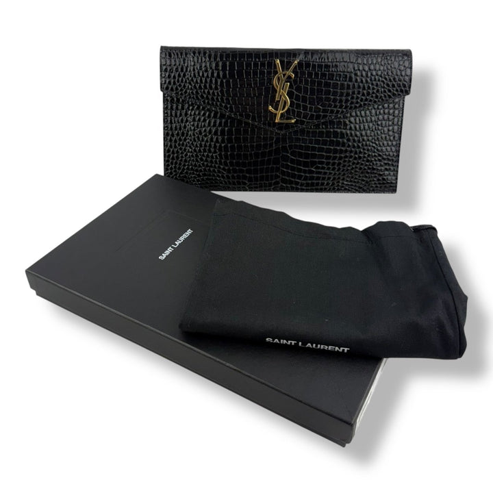 Saint Laurent YSL Croc Uptown Black/Gold Leather Clutch Bag - Lux Central